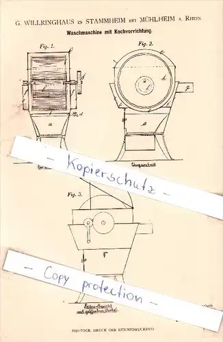 Original Patent - G. Willringhaus in Stammheim bei Mühlheim a. Rhein , 1881 , Waschmaschine , Stuttgart !!!