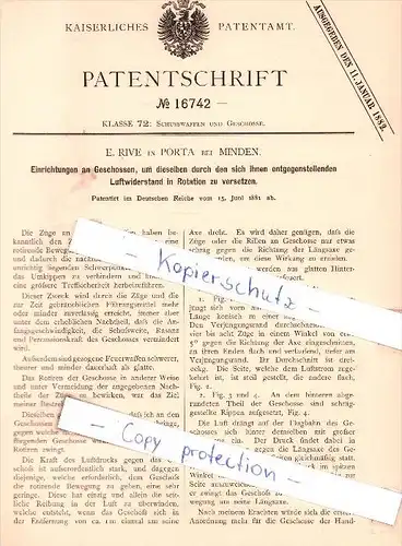 Original Patent - E. Rive in Porta Westfalica bei Minden , 1881 , Einrichtungen an Geschossen !!!