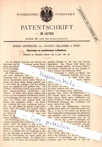 Original Patent - M. Arzberger und A. Oblasser in Wien , 1881 , Neuerungen an Luftmotoren !!!