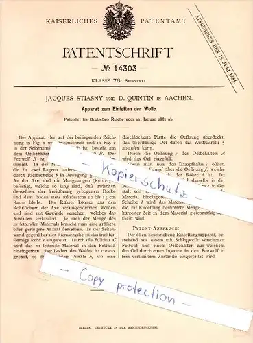 Original Patent - J. Stiasny und D. Quintin in Aachen , 1881 ,  Apparat zum Einfetten der Wolle !!!