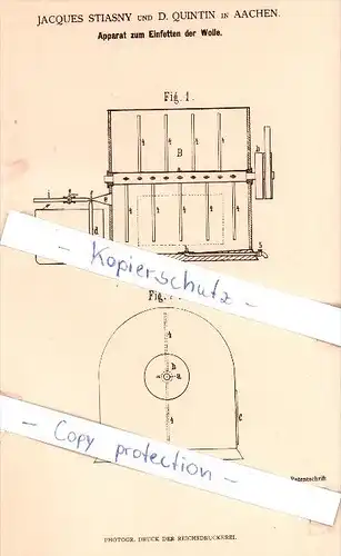 Original Patent - J. Stiasny und D. Quintin in Aachen , 1881 ,  Apparat zum Einfetten der Wolle !!!