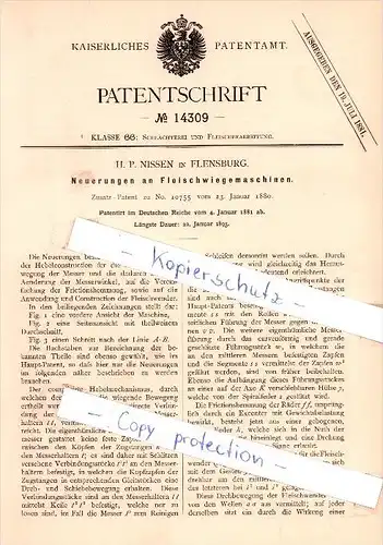 Original Patent - H. P. Nissen in Flensburg , 1881 , Neuerungen an Fleischwiegemaschinen , Metzger , Schlachter !!!