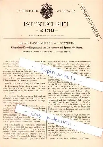 Original Patent - Georg Jakob Mürrle in Pforzheim , 1880 , Kohlensäufe-Entwicklungsapparat !!!