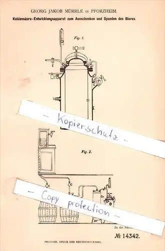 Original Patent - Georg Jakob Mürrle in Pforzheim , 1880 , Kohlensäufe-Entwicklungsapparat !!!