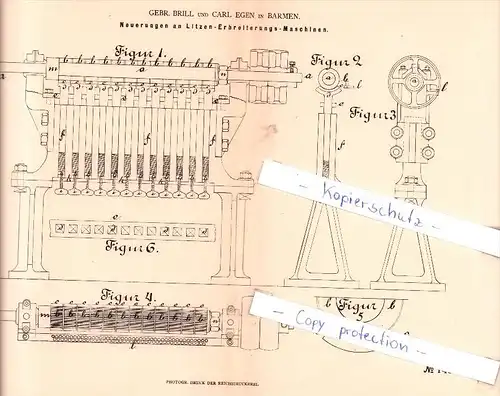 Original Patent - Gebr. Brill und Carl Egen in Barmen , 1880 , Litzen-Erbreiterungs-Maschinen !!!