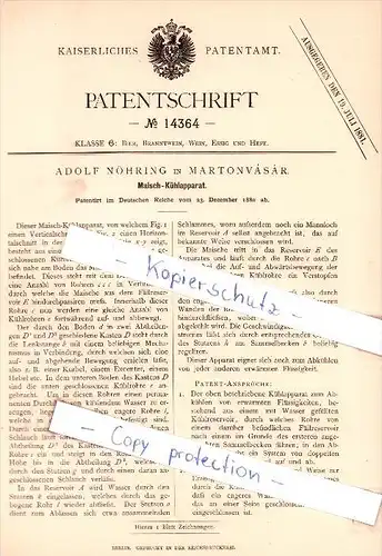 Original Patent - Adolf Nöhring in Martonvasar , 1880 , Maische-Kühlapparat , Brauerei , Alkohol , Martinsmarkt  !!!