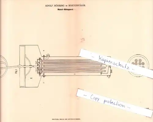 Original Patent - Adolf Nöhring in Martonvasar , 1880 , Maische-Kühlapparat , Brauerei , Alkohol , Martinsmarkt  !!!