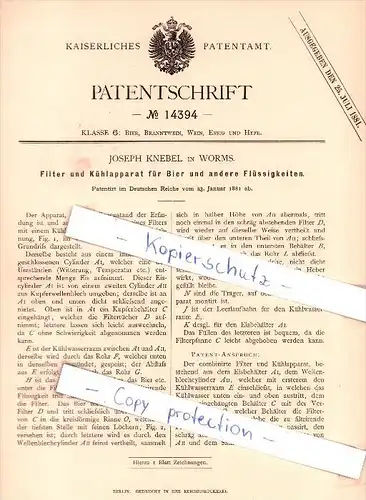 Original Patent - Joseph Knebel in Worms , 1881 , Filter und Kühlapparat für Bier , Brauerei , Alkohol !!!