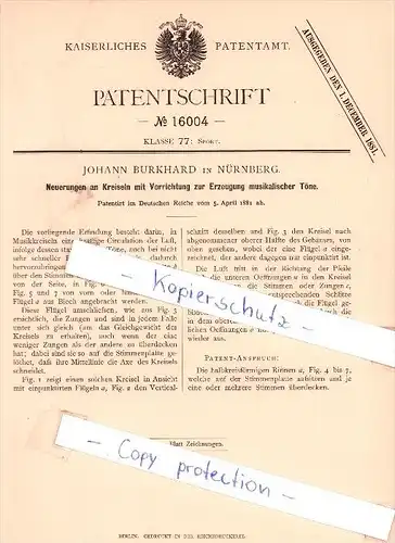 Original Patent - Johann Burkhard in Nürnberg , 1881 , Erzeugung musikalischer Töne , Kreisel , Spielzeug !!!