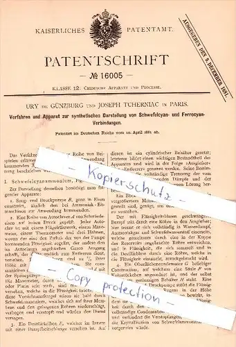 Original Patent - Ury de Günzburg und Joseph Tcherniac in Paris , 1881 ,  !!!