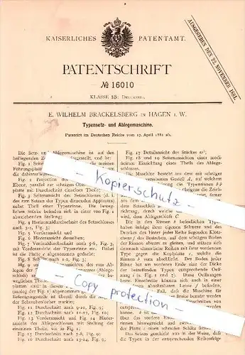 Original Patent - E. W. Brackelsberg in Hagen i. W. , 1881 , Typensetz- und Ablegmaschine , Druckerei !!!