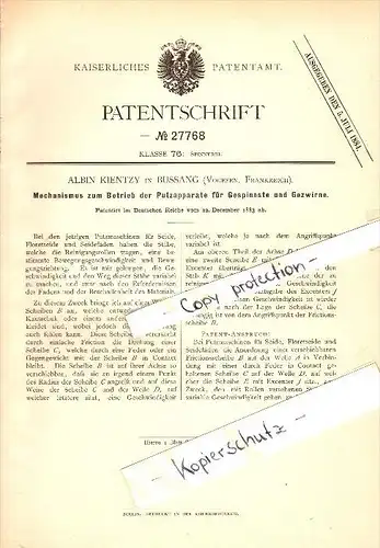 Original Patent - Albin Kientzy à Bussang , Vosges , 1883 , Machines de platrage pour la filature !!!
