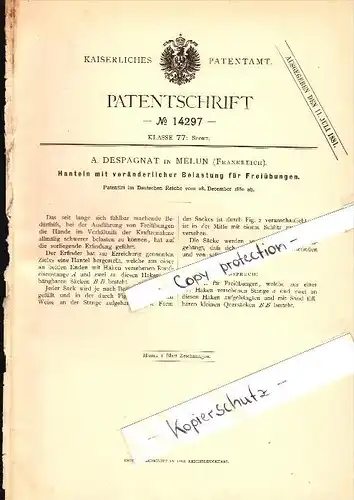 Original Patent - A. Despagnat à Melun , 1880 , Haltère pour la musculation !!!