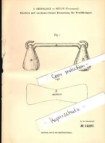 Original Patent - A. Despagnat à Melun , 1880 , Haltère pour la musculation !!!