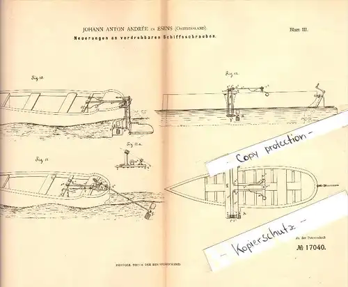 Original Patent - Johann Anton Andrée in Esens , 1881 , verdrehbare Schiffsschrauben , Schiff , Schiffbau !!!