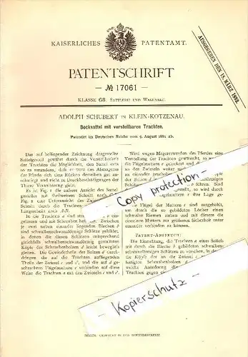 Original Patent - Adolph Schubert in Klein Kotzenau / Chocianów , 1881 , Bocksattel mit verstellbaren Trachten , Sattel