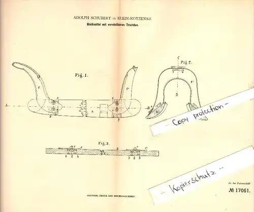 Original Patent - Adolph Schubert in Klein Kotzenau / Chocianów , 1881 , Bocksattel mit verstellbaren Trachten , Sattel