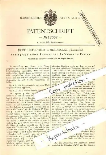 Original Patent - Joseph Lefeuvrier à Merdrignac , 1881 , Caméra pour des photos en plein air !!!