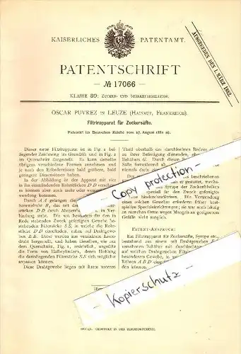 Original Patent - Oscar Puvrez à Leuze-en-Hainaut , 1881 , Appareil de filtration pour le jus de sucre !!!