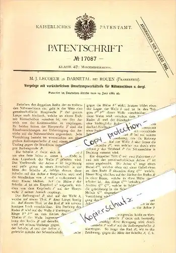 Original Patent - M.J. Lecoeur à Darnetal b. Rouen , 1881 , Dispositif pour machine à coudre  !!!