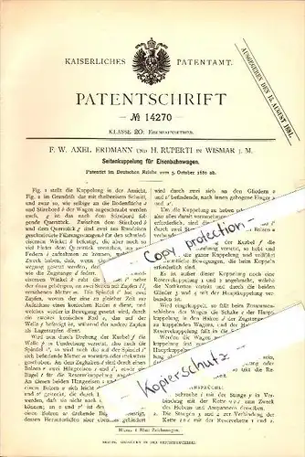 Original Patent - F.W. Axel Erdmann und H. Ruperti in Wismar i. Mecklenburg , 1880 , Kupplung für Eisenbahn !!!