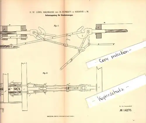 Original Patent - F.W. Axel Erdmann und H. Ruperti in Wismar i. Mecklenburg , 1880 , Kupplung für Eisenbahn !!!