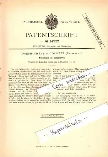 Original Patent - Joseph Cheze à Correze , 1880 , brouette !!!