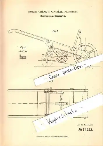 Original Patent - Joseph Cheze à Correze , 1880 , brouette !!!