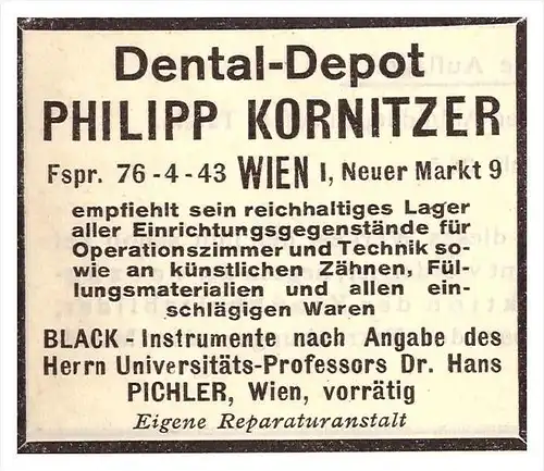 original Werbung - 1924 - Dental-Depot Philipp Kornitzer in Wien , Zahnarzt , Dermatologe , Stomatologe , Zähne !!!