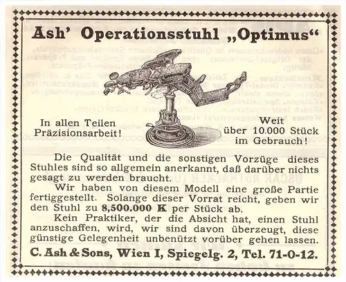 original Werbung - 1924 - Ash & Sohn in Wien , Operationsstuhl für Zahnarzt , Dermatologe , Stomatologe , Zähne !!!