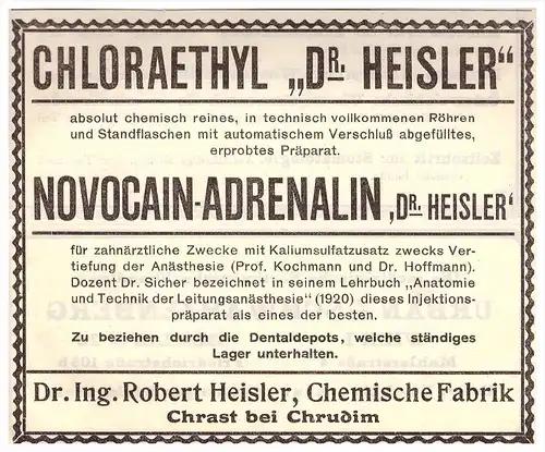 original Werbung - 1924 - Dr. Heisler in Chras b. Chrudim , Zahnarzt , Apotheke , Dermatologe , Stomatologe , Zähne !!!