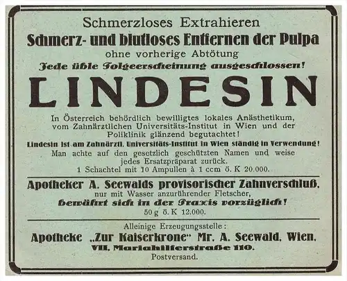 original Werbung - 1924 - Lindesin für Zahnarzt , A. Seewald in Wien , Apotheke , Dermatologe , Stomatologe , Zähne !!!