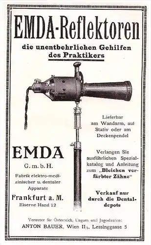 original Werbung - 1924 - EMDA Reflektoren für Zahnarzt , Frankfurt a.M. , Dermatologe , Stomatologe , Zähne !!!