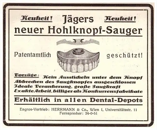 original Werbung - 1924 - Sauger für Gebiss , Prothese , Herrmann in Wien , Zahnarzt , Dermatologe , Stomatologe !!!
