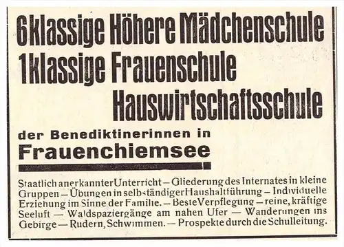 original Werbung - 1929 - Schule in Frauenchiemsee , Chiemsee !!!