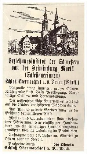 original Werbung - 1929 - Erziehungsinstitut , Schloß Obermarchtal a.d. Donau b. Ehingen !!!