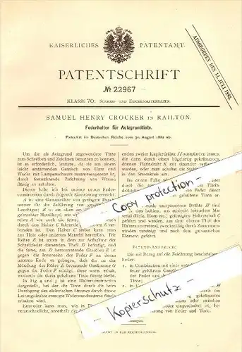 Original Patent - Samuel Henry Crocker in Railton , 1882 , Federhalter mit Ätzgrundtinte , Füllfederhalter !!!