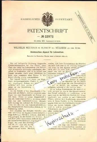 Original Patent - Wilhelm Neuhaus in Styrum b. Mülheim a.d. Ruhr , 1882 , Kondensations-Apparat für Lokomotiven !!!