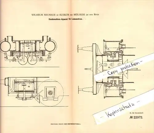 Original Patent - Wilhelm Neuhaus in Styrum b. Mülheim a.d. Ruhr , 1882 , Kondensations-Apparat für Lokomotiven !!!