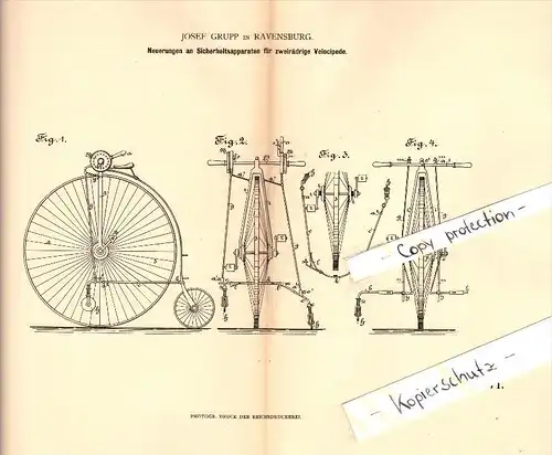 Original Patent - Josef Grupp in Ravensburg , 1882 , Sicherheitsapparat für zweirädrige Velocipede , Fahrrad , Fahrräder