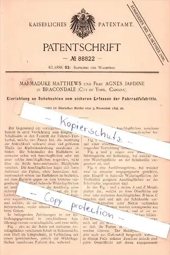 Original Patent - M. Matthews und Frau A. Jardine in Bracondale , Cty of York , Canada , 1895 , !!!