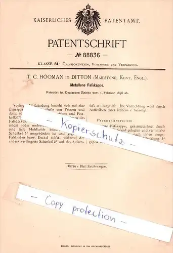 Original Patent - T. C. Hooman in Ditton , Maidstone , Kent , Engl. , 1896 , Metallene Faßkappe !!!