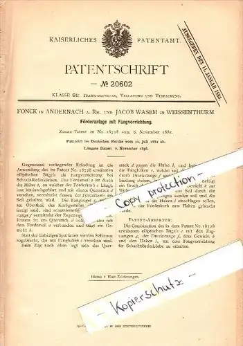 Original Patent - Jacob Wasem in Weißenthurm , 1882 , Förderanlage mit Fangapparat , Fonck in Andernach a. Rhein   !!