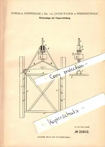 Original Patent - Jacob Wasem in Weißenthurm , 1882 , Förderanlage mit Fangapparat , Fonck in Andernach a. Rhein   !!