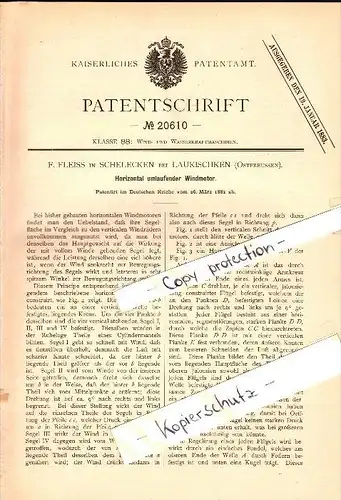 Original Patent - F. Fleiss in Schelecken b. Laukischken i. Ostpreussen , 1882 , Windmotor , Saranskoje , Scholochowo !!