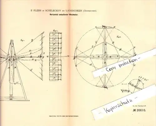 Original Patent - F. Fleiss in Schelecken b. Laukischken i. Ostpreussen , 1882 , Windmotor , Saranskoje , Scholochowo !!