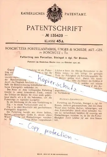 Original Patent - Porzellanfabrik Unger & Schilde in Roschütz , 1901 , Futtertrog aus Porzellan , Gera  !!!