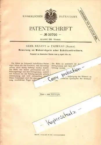 Original Patent - Gebr. Krafft in Fahrnau b. Schopfheim , 1882 , Webervögel für Weberei !!!