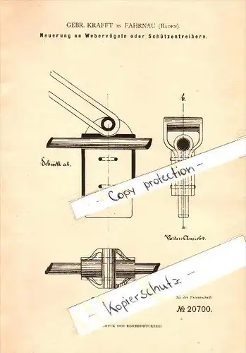 Original Patent - Gebr. Krafft in Fahrnau b. Schopfheim , 1882 , Webervögel für Weberei !!!