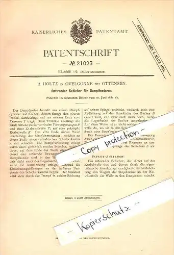 Original Patent - R. Holtz in Övelgönne b. Ottensen , 1882 , Dampfmotoren-Schieber , Hamburg-Othmarschen !!!